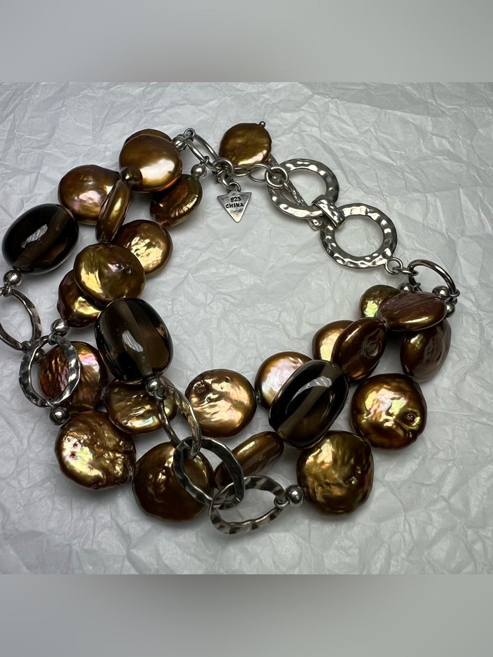 Silpada Bronze Coin Pearl Smoky Quartz Sterling Silver Bracelet
